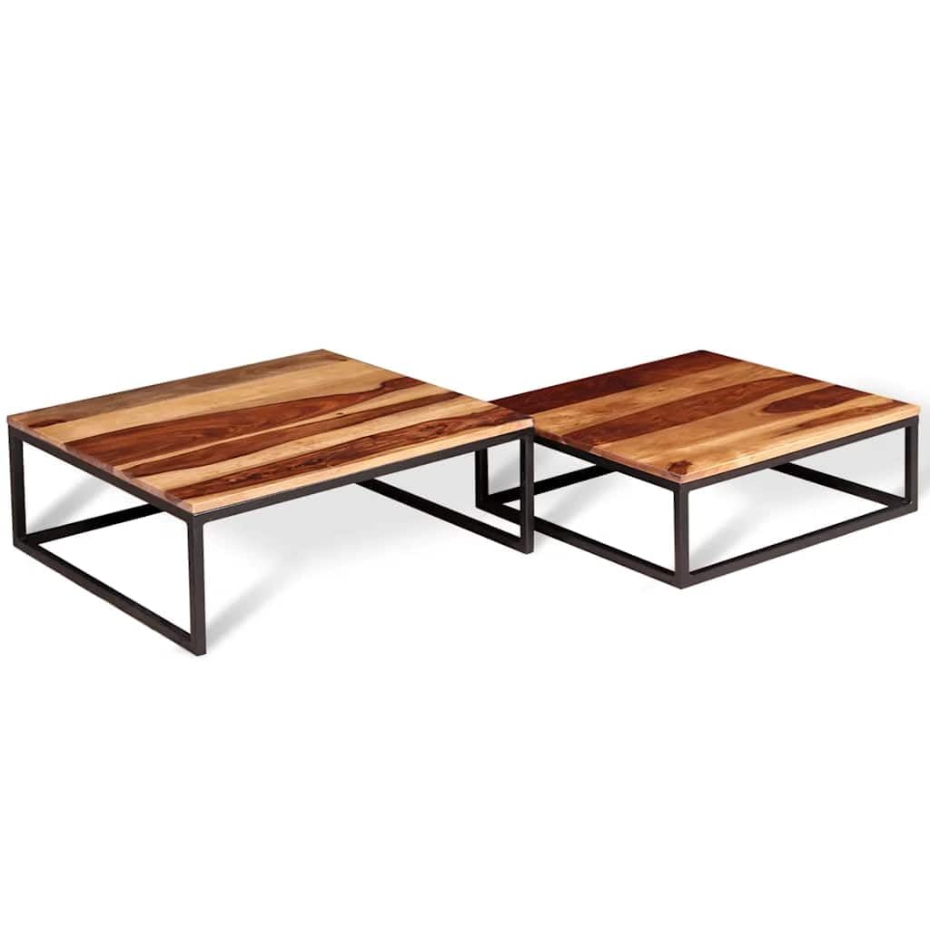 Solid Sheesham Wood Nesting Coffee Table Set with Black Iron Legs V13508