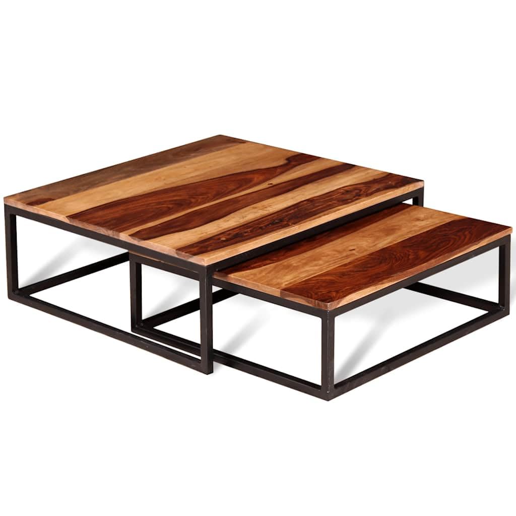 Solid Sheesham Wood Nesting Coffee Table Set with Black Iron Legs V13508