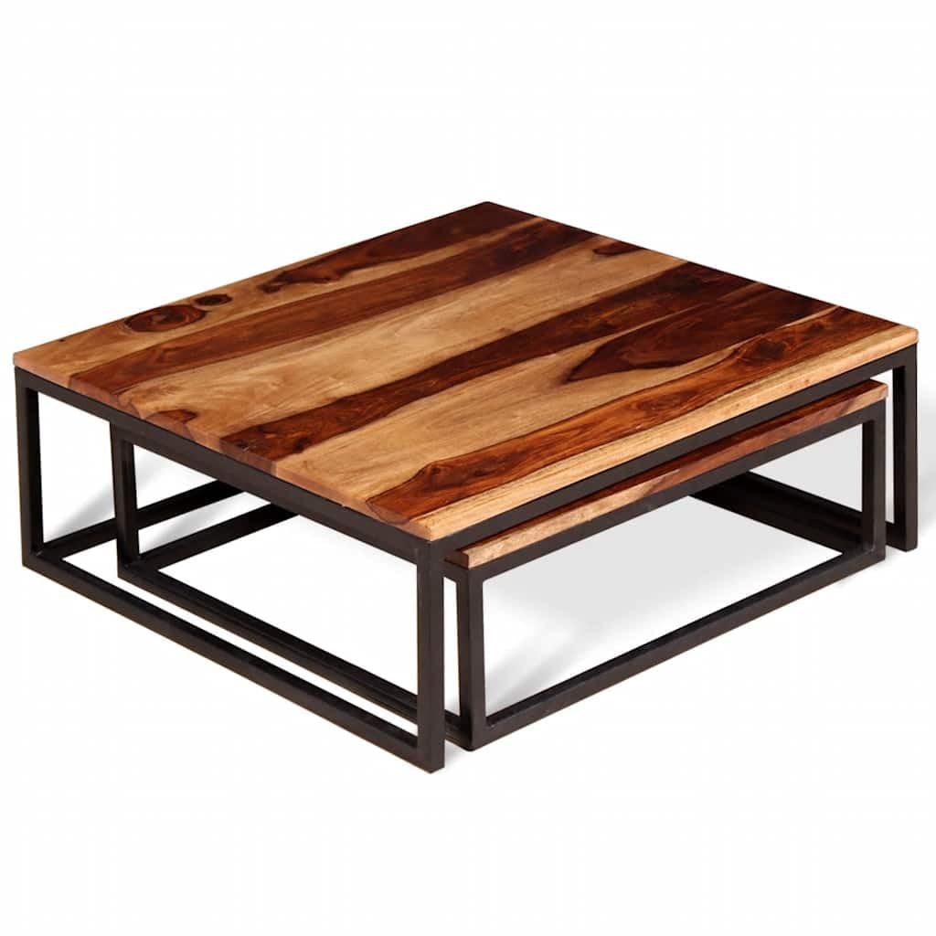 Solid Sheesham Wood Nesting Coffee Table Set with Black Iron Legs V13508