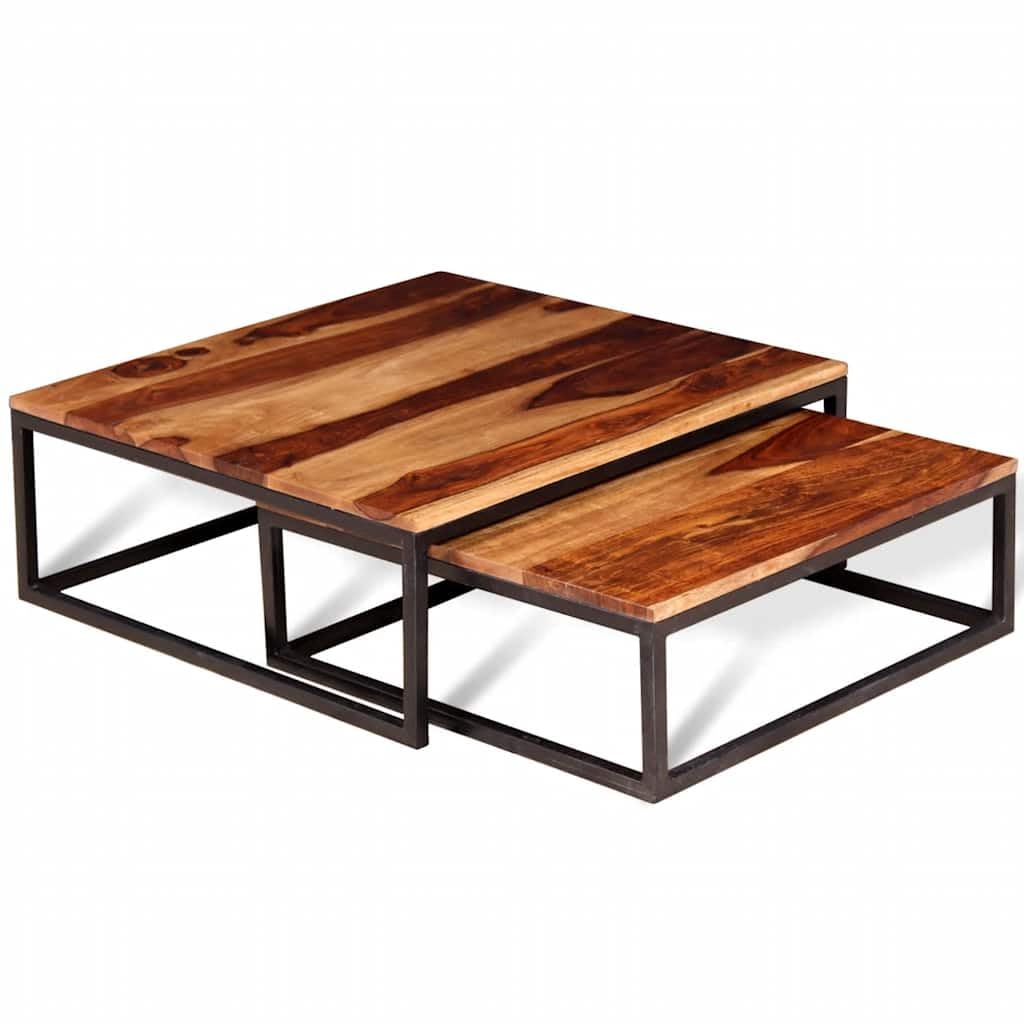 Solid Sheesham Wood Nesting Coffee Table Set with Black Iron Legs V13508