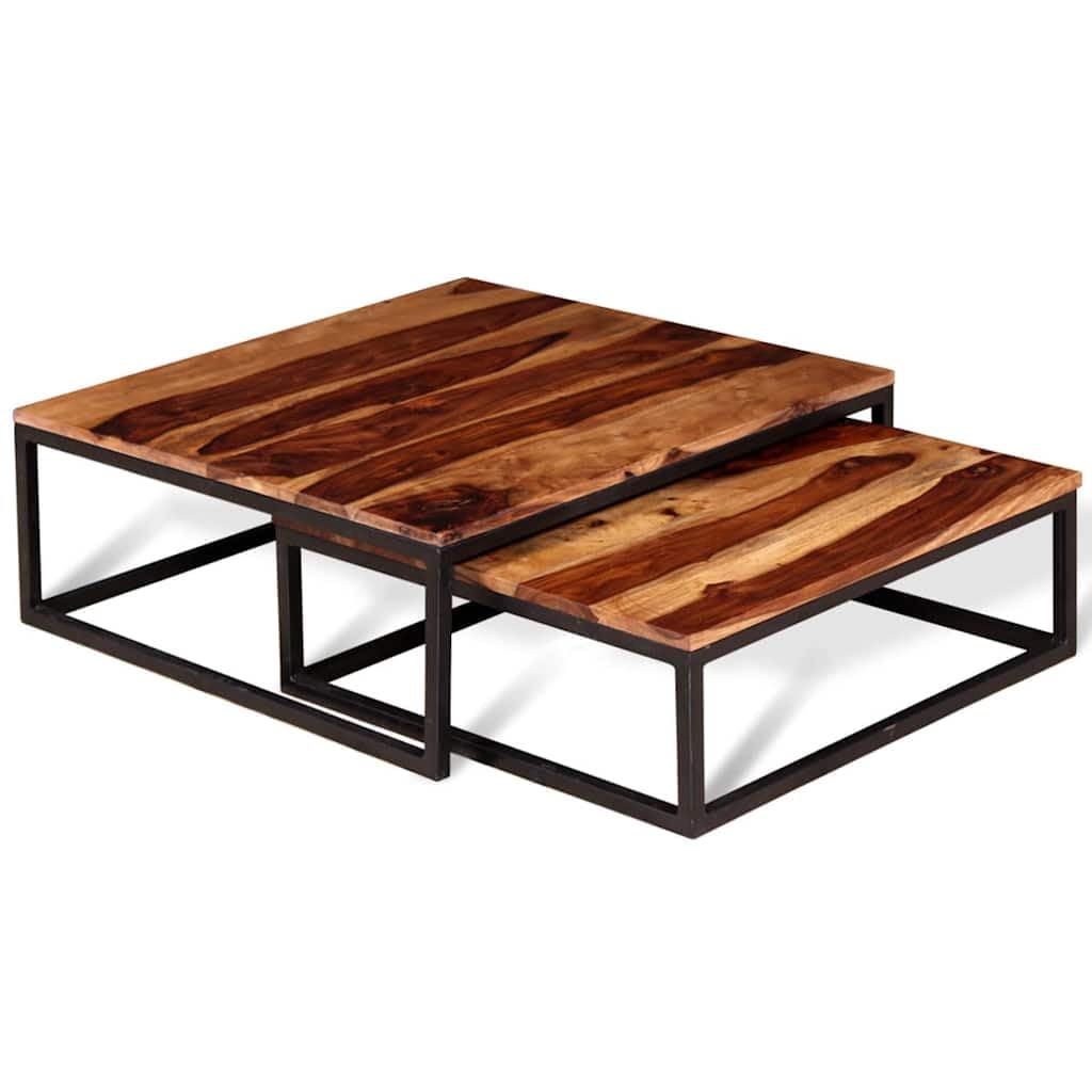Solid Sheesham Wood Nesting Coffee Table Set with Black Iron Legs V13508