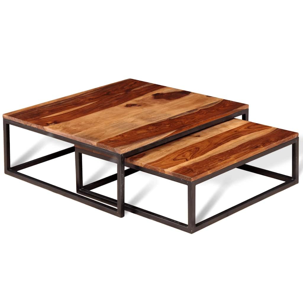 Solid Sheesham Wood Nesting Coffee Table Set with Black Iron Legs V13508