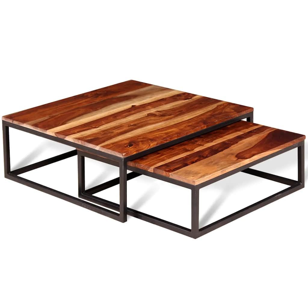 Solid Sheesham Wood Nesting Coffee Table Set with Black Iron Legs V13508