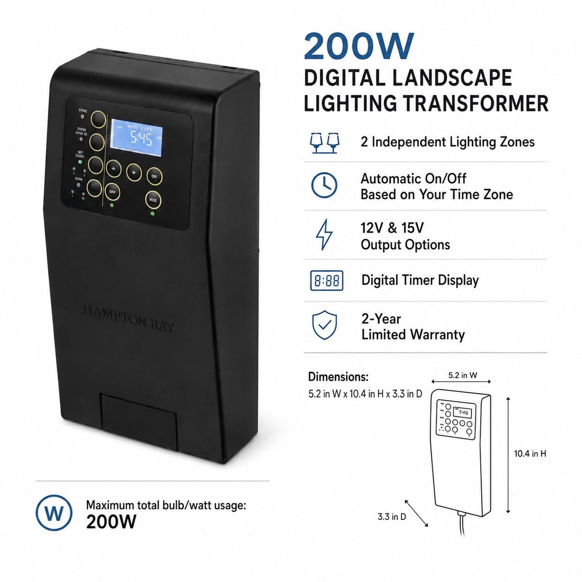 200W Low Voltage Landscape Lighting Transformer Black G626322