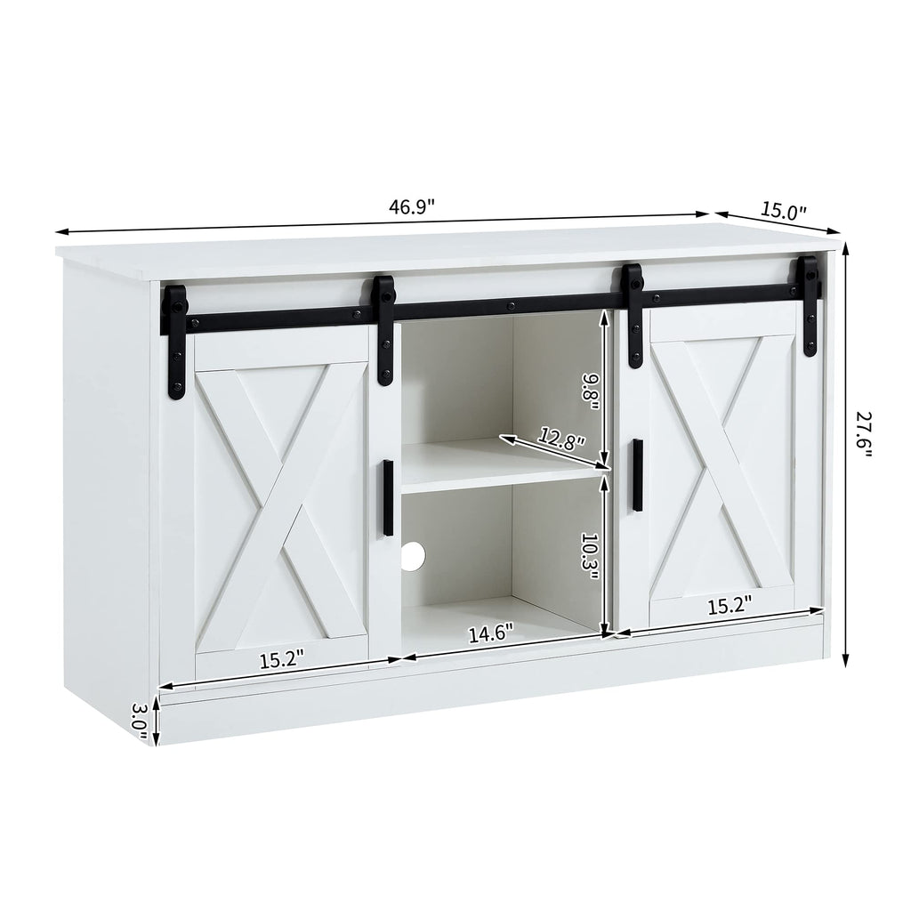 White Farmhouse TV Stand with Sliding Barn Door and Storage Cabinets W47241