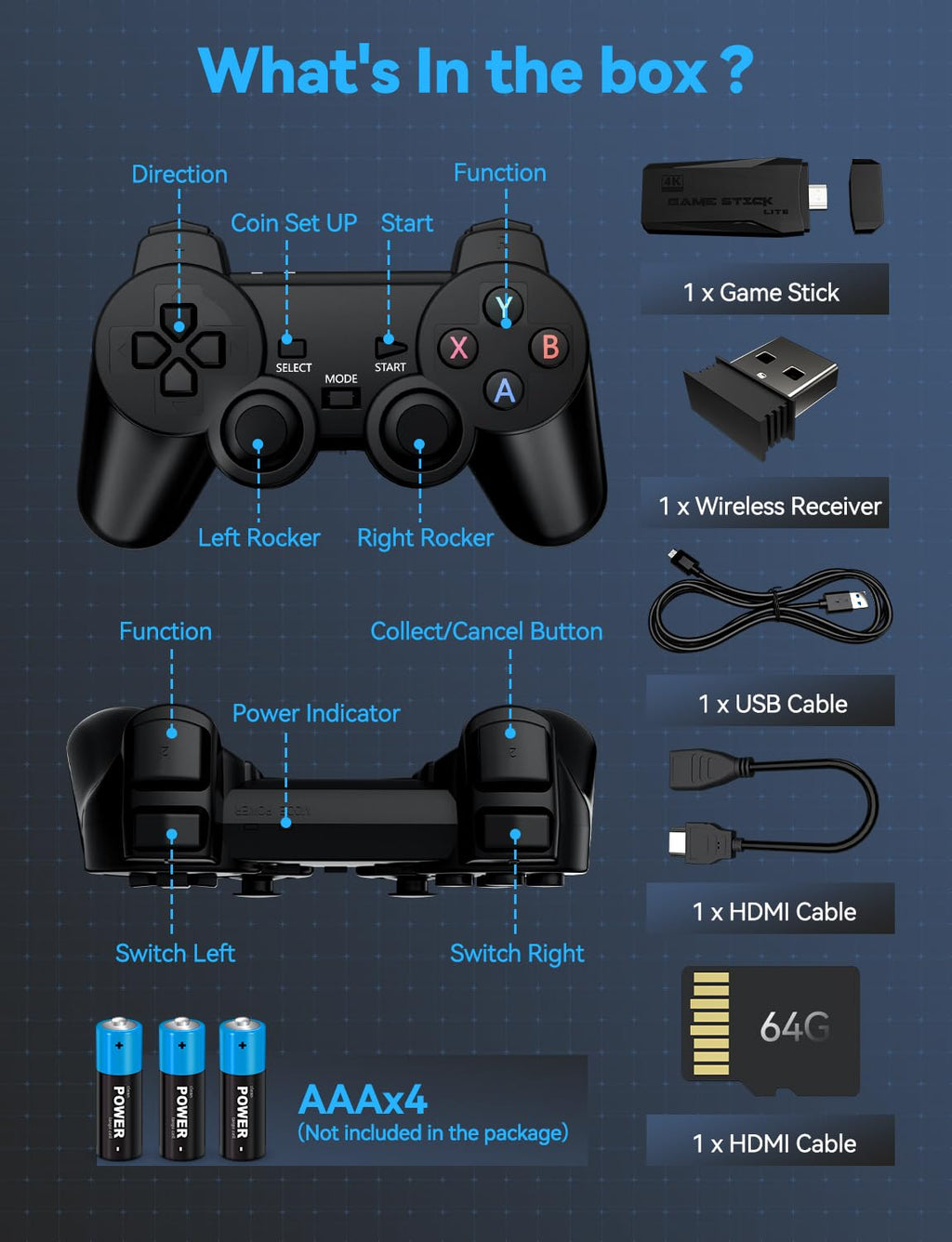 Black 4K Retro Gaming Console with 2.4G Wireless Controllers P711