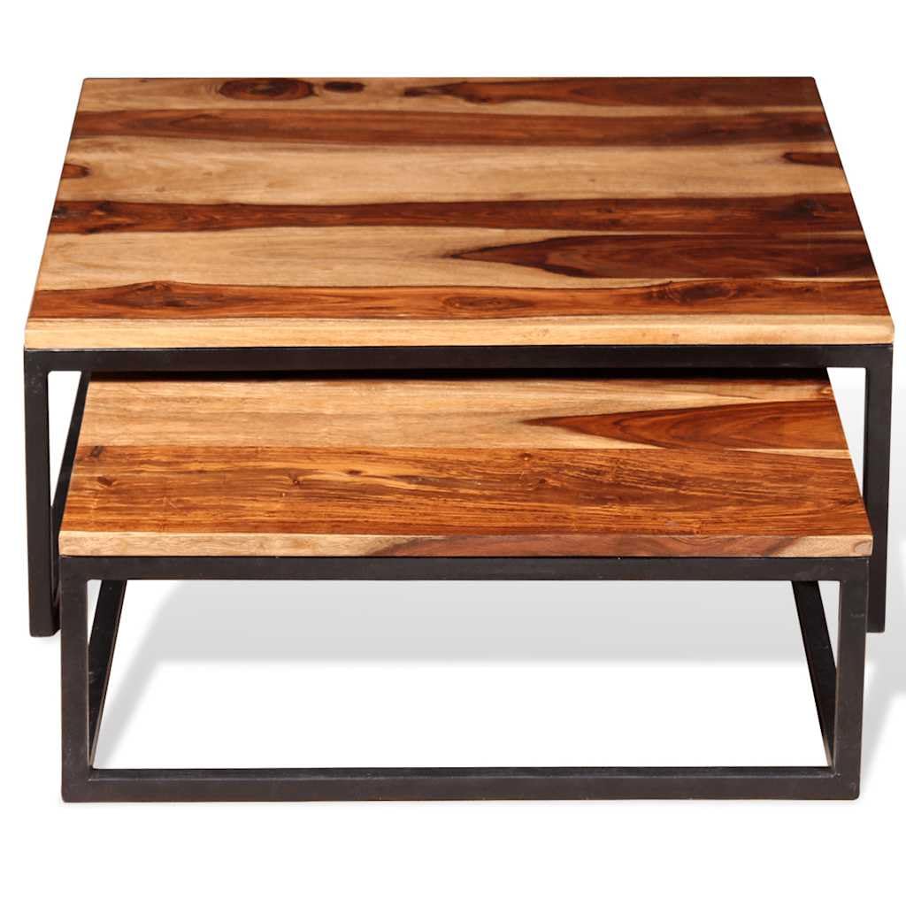 Solid Sheesham Wood Nesting Coffee Table Set with Black Iron Legs V13508