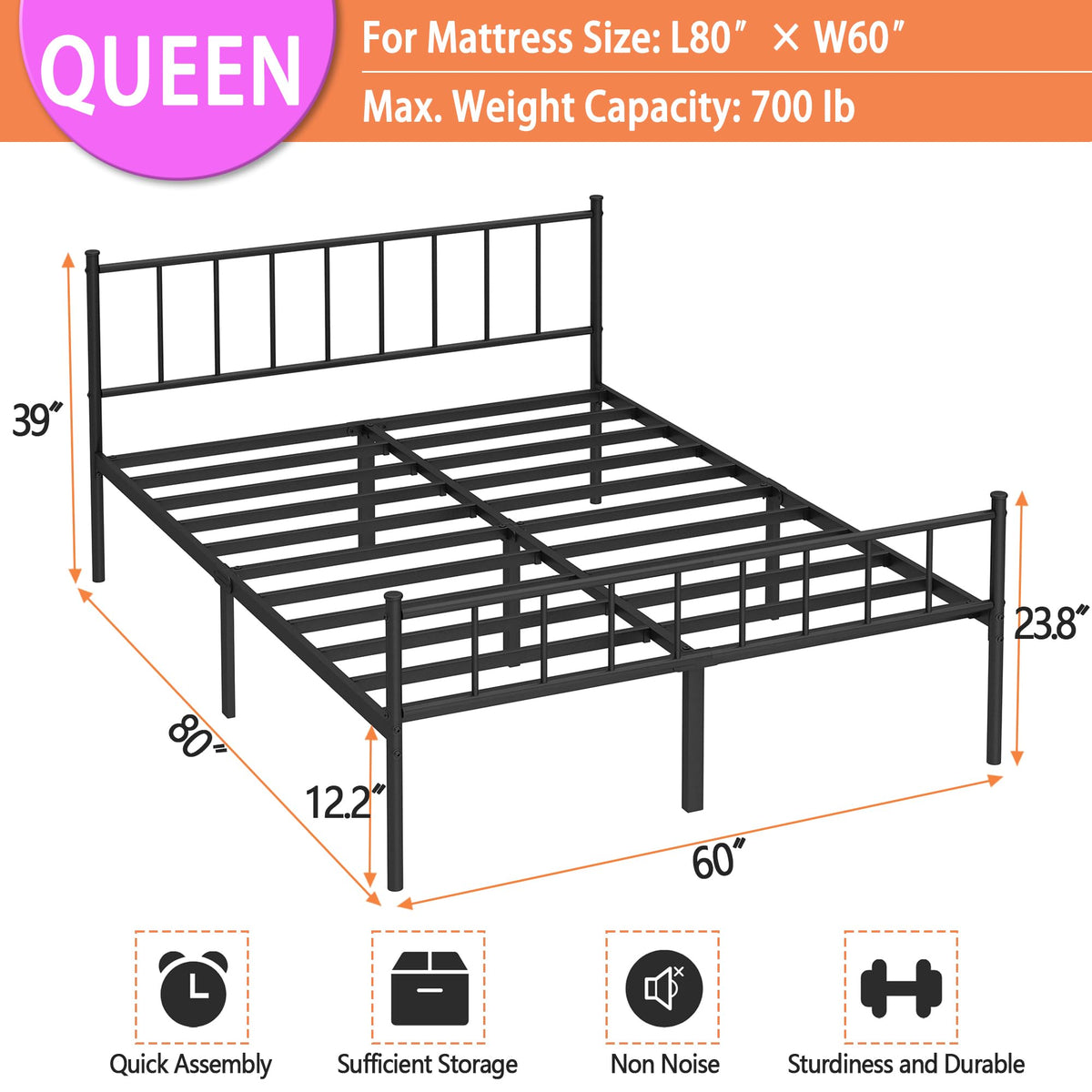 Queen Metal Bed Frame with Steel Slat Support N370500