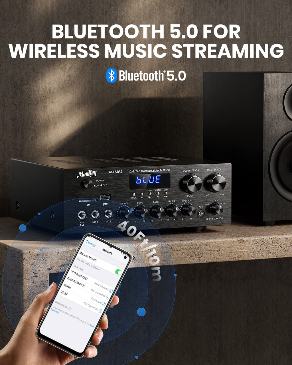 Bluetooth Stereo Receiver Amplifier with USB SD AUX RCA MIC, 400W Peak B80155