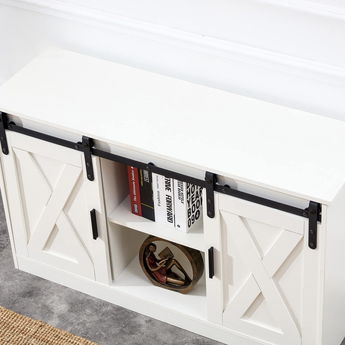 White Farmhouse TV Stand with Sliding Barn Door and Storage Cabinets W47241
