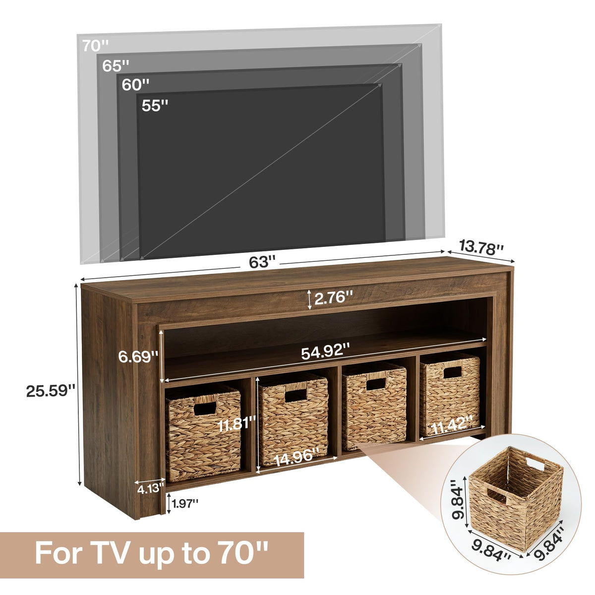 63" Wooden TV Stand with 4 Woven Baskets M12022