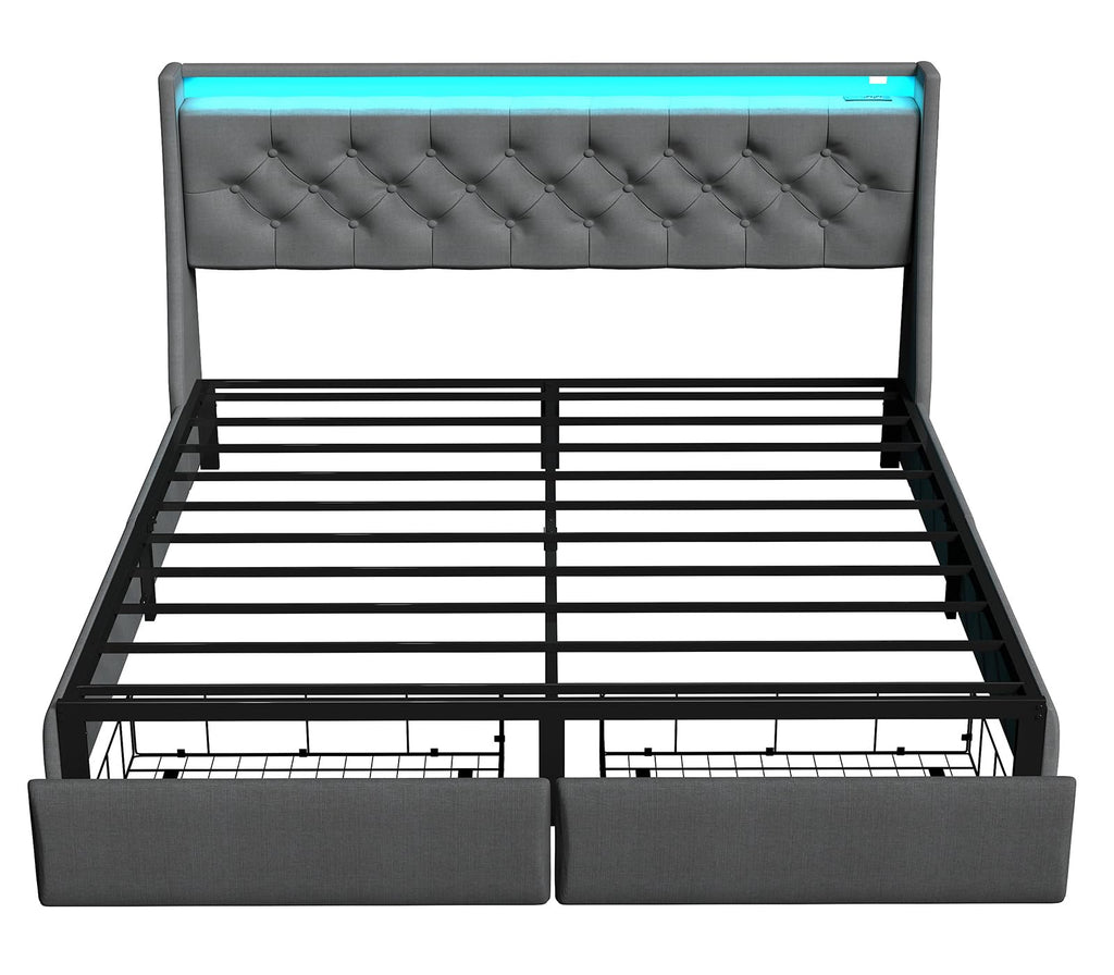 Queen Size Grey Bed Frame with 2 Storage Drawer H5106