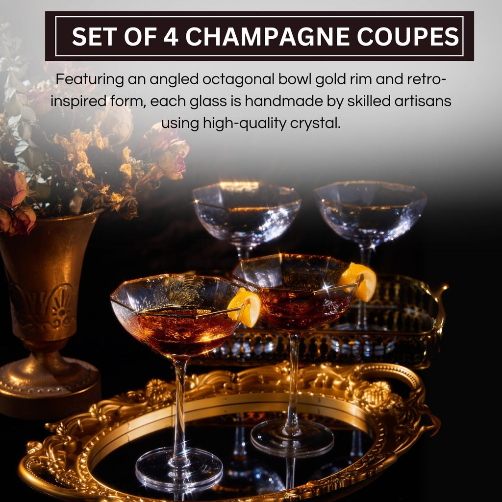 Champagne Coupe Glasses Set of 4 Gold Rim N2817