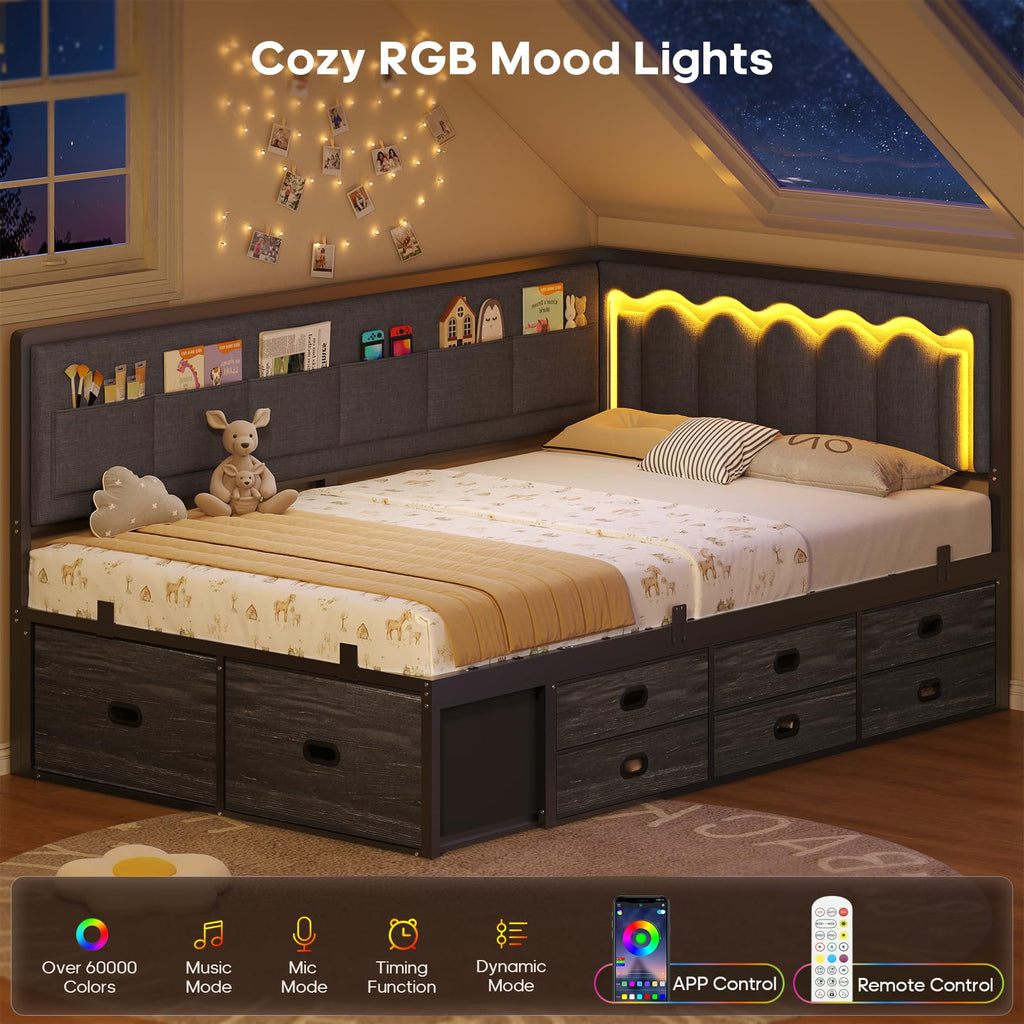 Twin Corner Bed Frame with 8 Storage Drawers and LED Lights, Grey I549