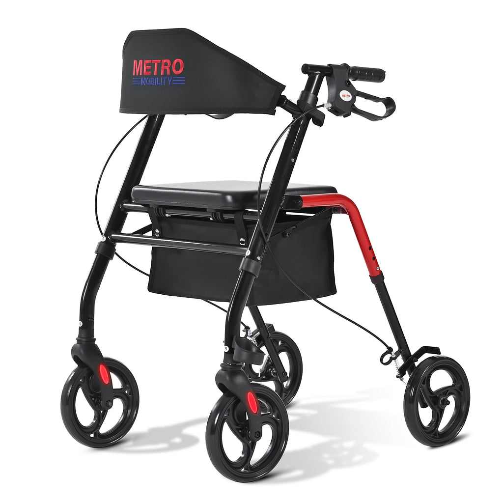 Foldable Lightweight Rolling Walker with Seat, 8" Wheels, 300 lb. Capacity, Red P78876