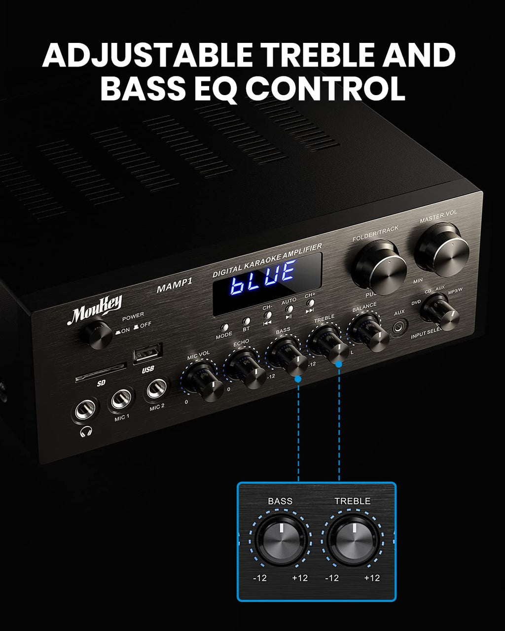 Bluetooth Stereo Receiver Amplifier with USB SD AUX RCA MIC, 400W Peak B80155
