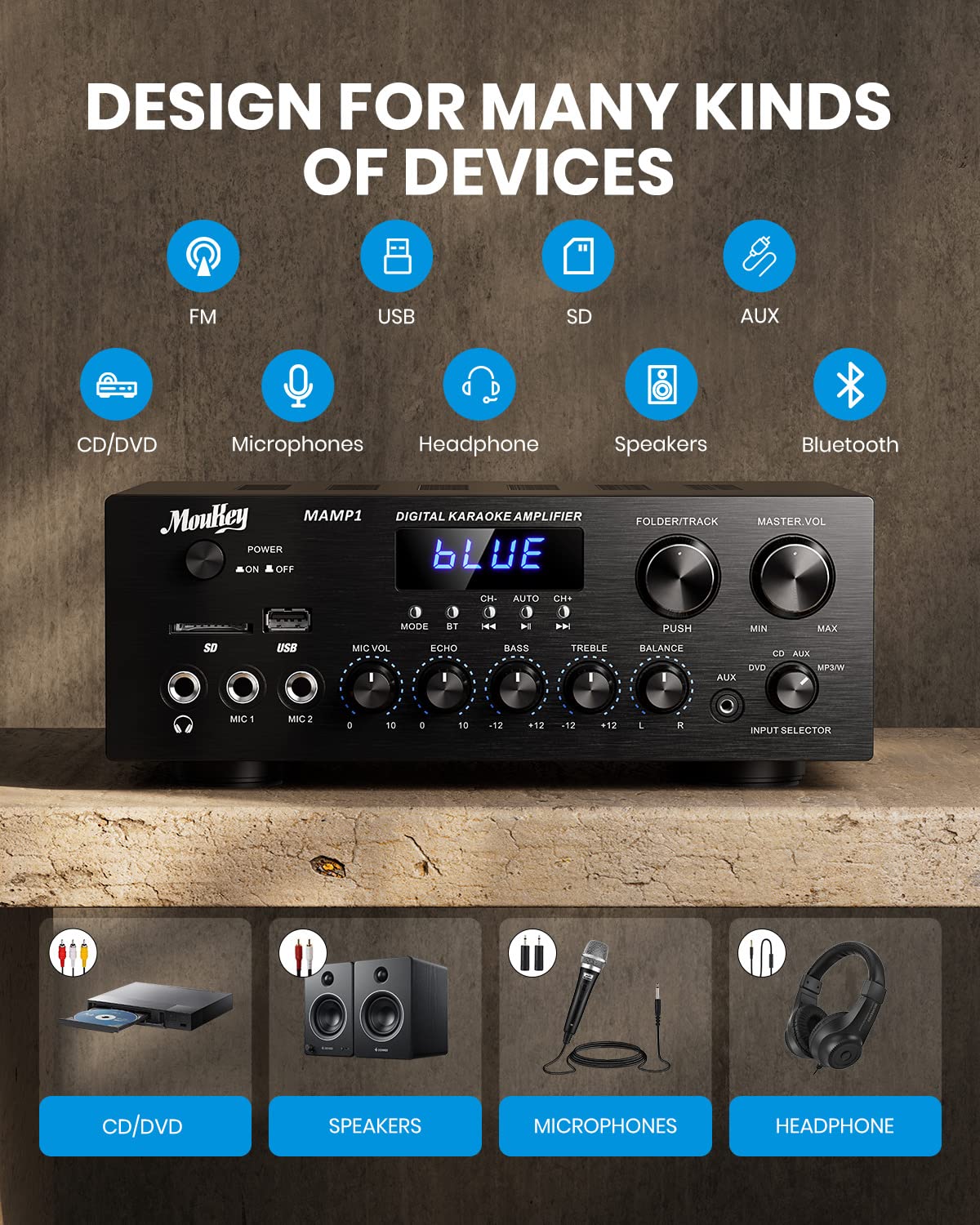 Bluetooth Stereo Receiver Amplifier with USB SD AUX RCA MIC, 400W Peak B80155