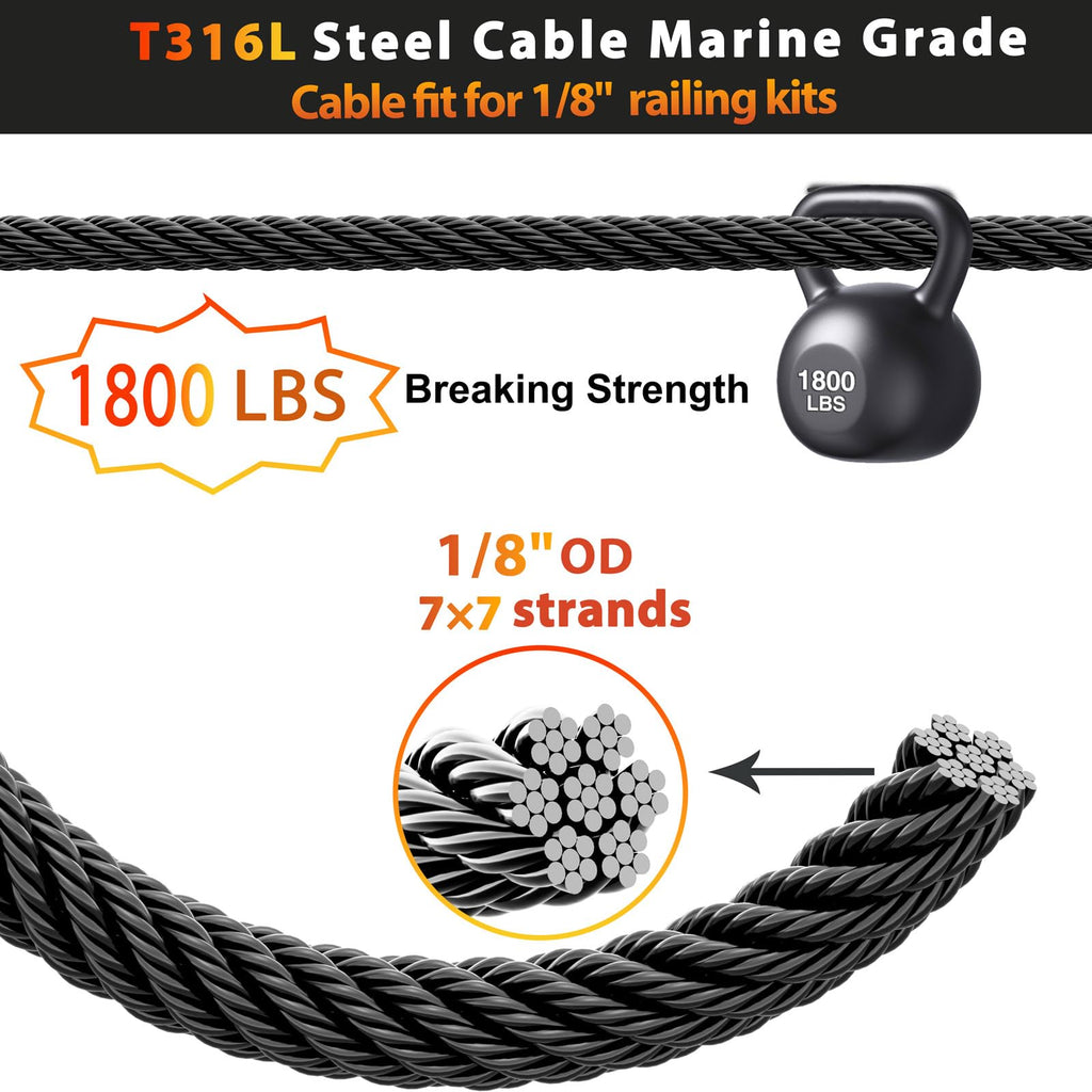 Black Stainless Steel Cable for Railing 220FT 1/8" T316 Wire Rope X175