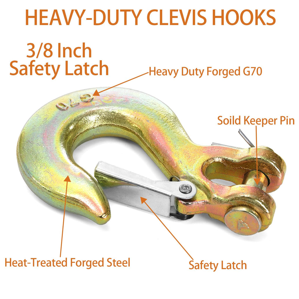 6 Pack 3/8 Inch G70 Forged Steel Clevis Slip Hook with Safety Latch N293