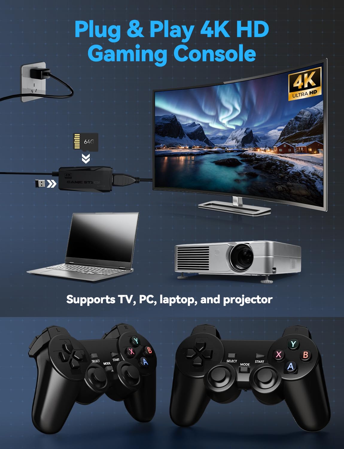 Black 4K Retro Gaming Console with 2.4G Wireless Controllers P711