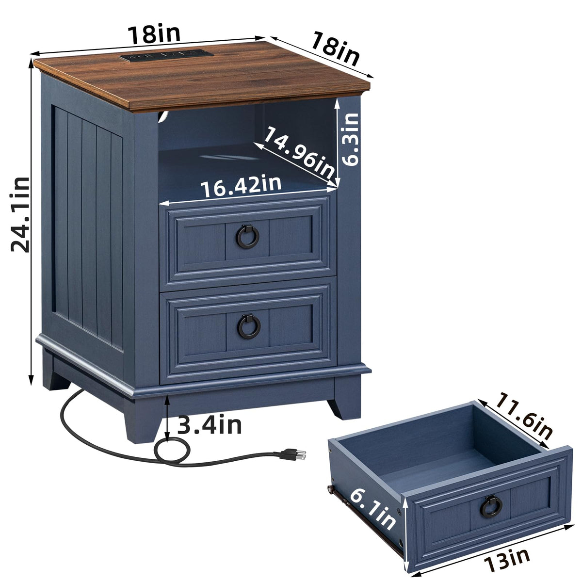 18" Blue Wooden Nightstand Set of 2 with Charging Station V6191