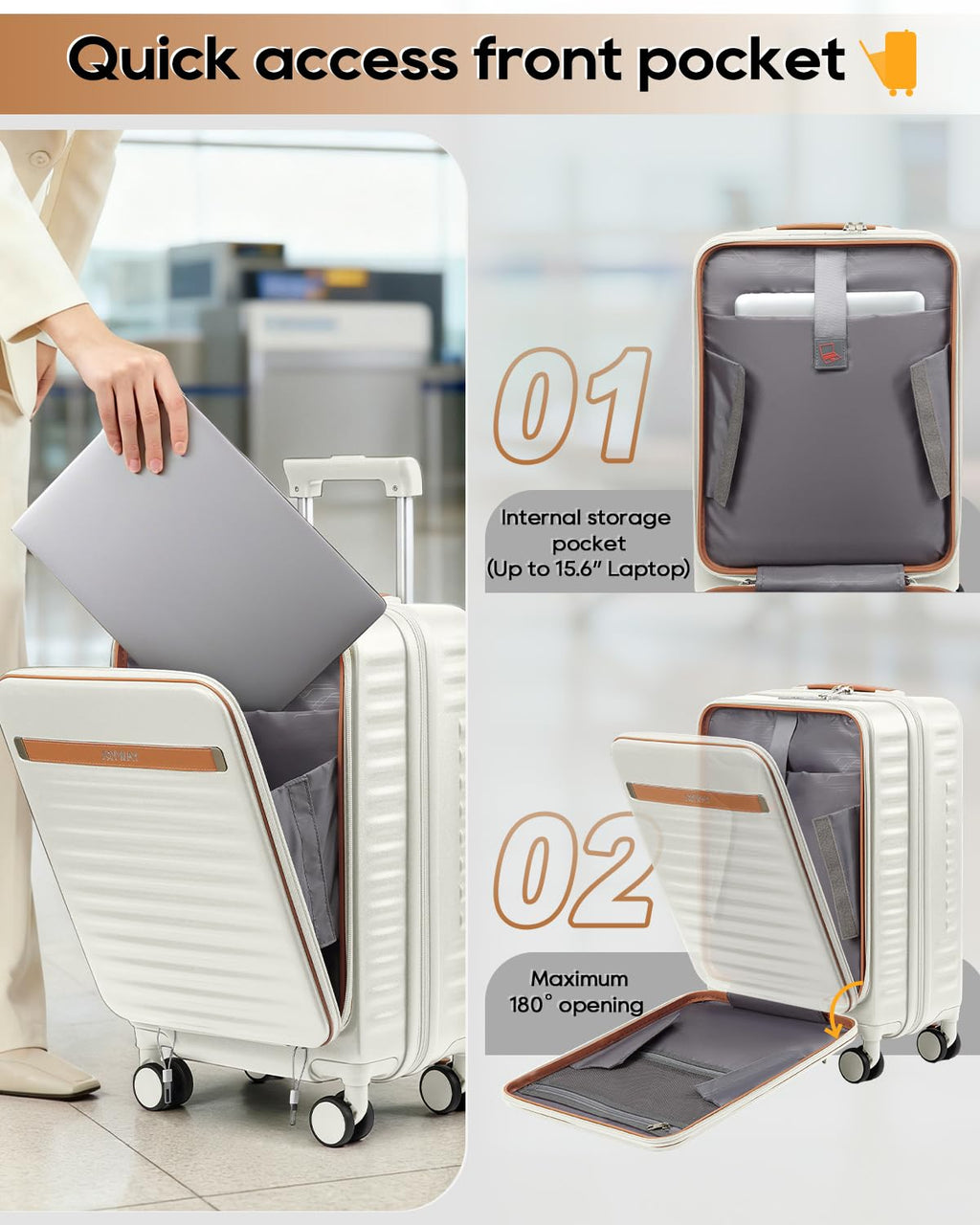 20 Inch Carry On Luggage with Front Pocket and Cup Holder, White O579473