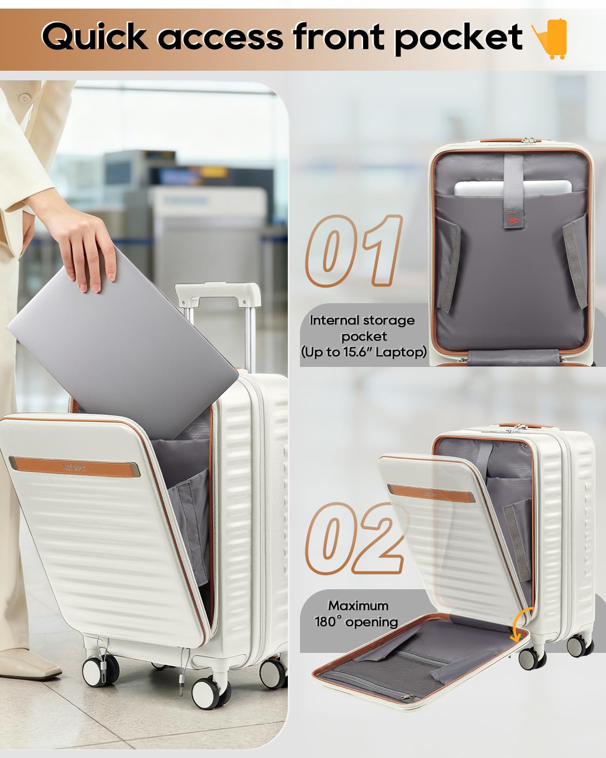 20 Inch Carry On Luggage with Front Pocket and Cup Holder, White O579473