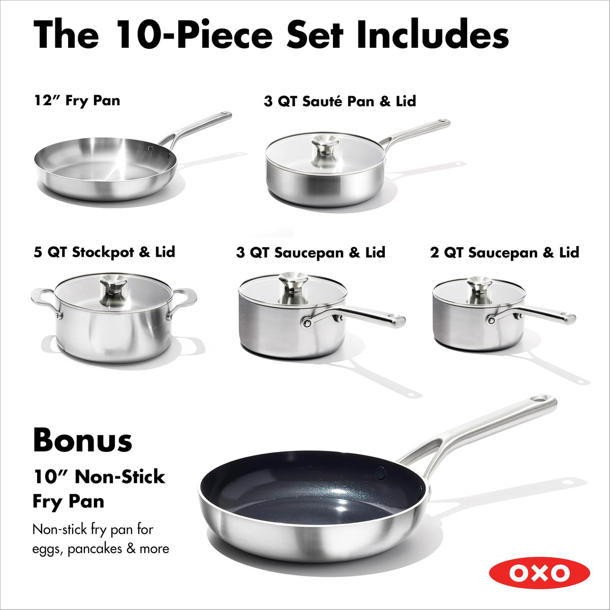 10 Piece Stainless Steel Cookware Set with Ceramic Nonstick Frying Pan Y68634
