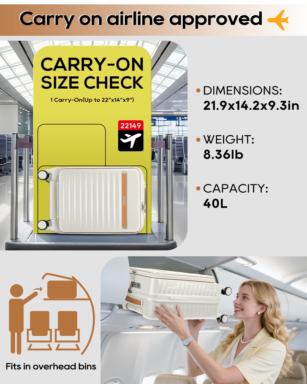20 Inch Carry On Luggage with Front Pocket and Cup Holder, White O579473