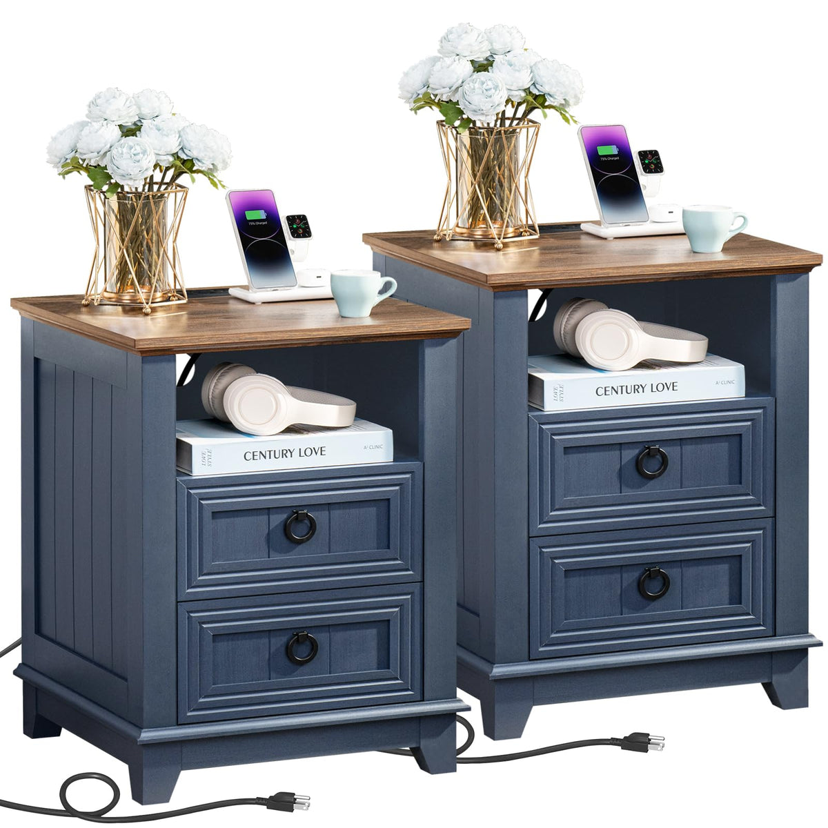 18" Blue Wooden Nightstand Set of 2 with Charging Station V6191