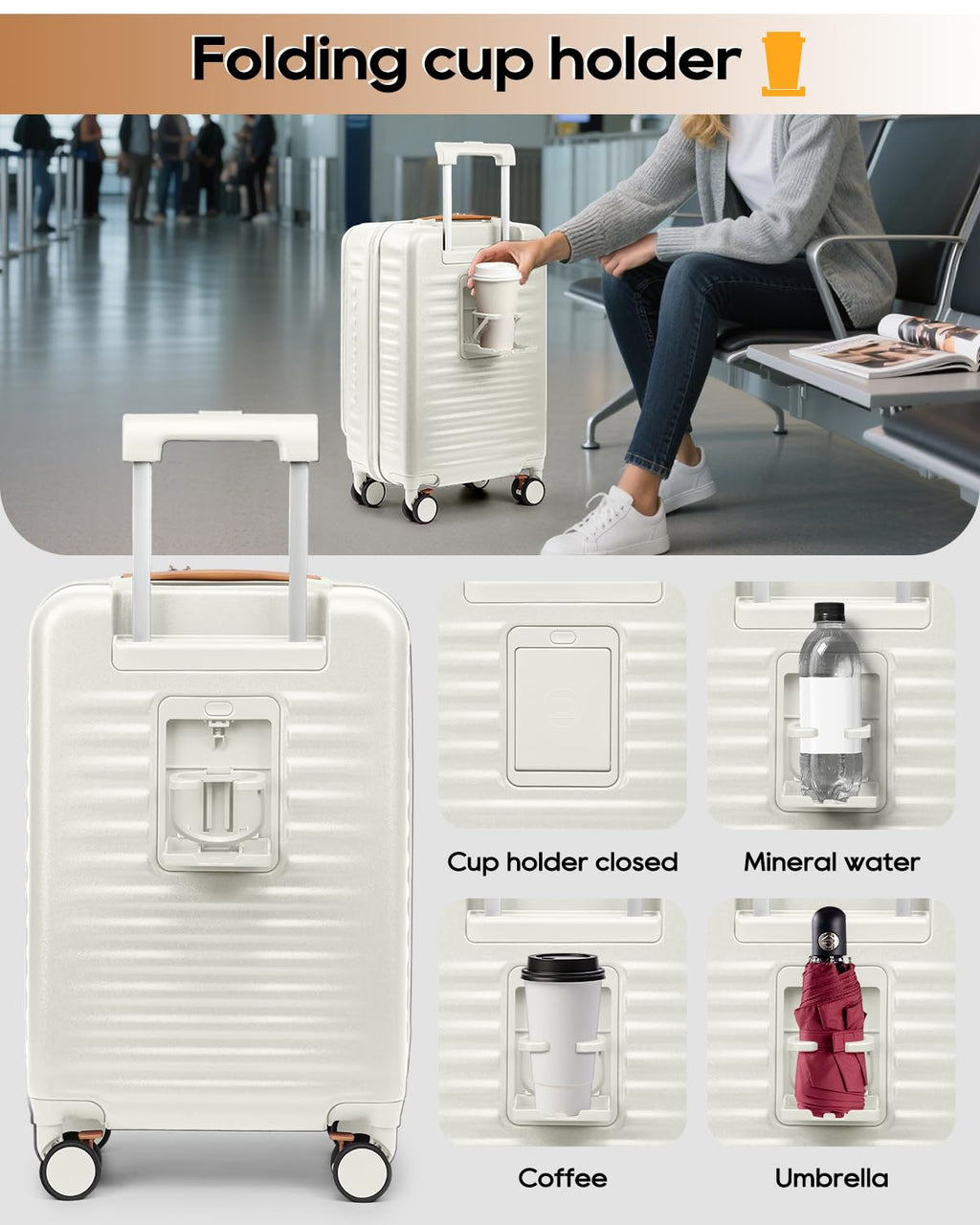 20 Inch Carry On Luggage with Front Pocket and Cup Holder, White O579473