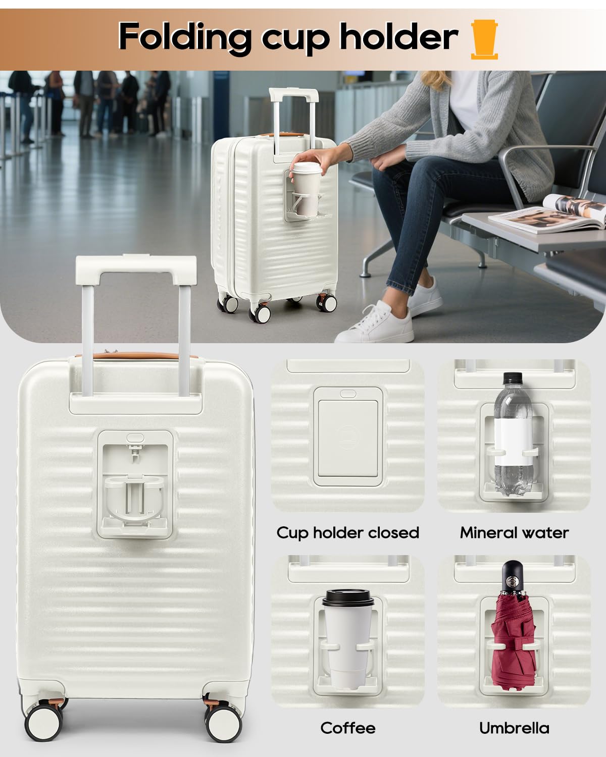 20 Inch Carry On Luggage with Front Pocket and Cup Holder, White O579473