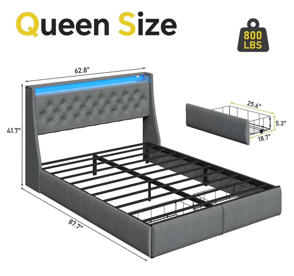 Queen Size Grey Bed Frame with 2 Storage Drawer H5106