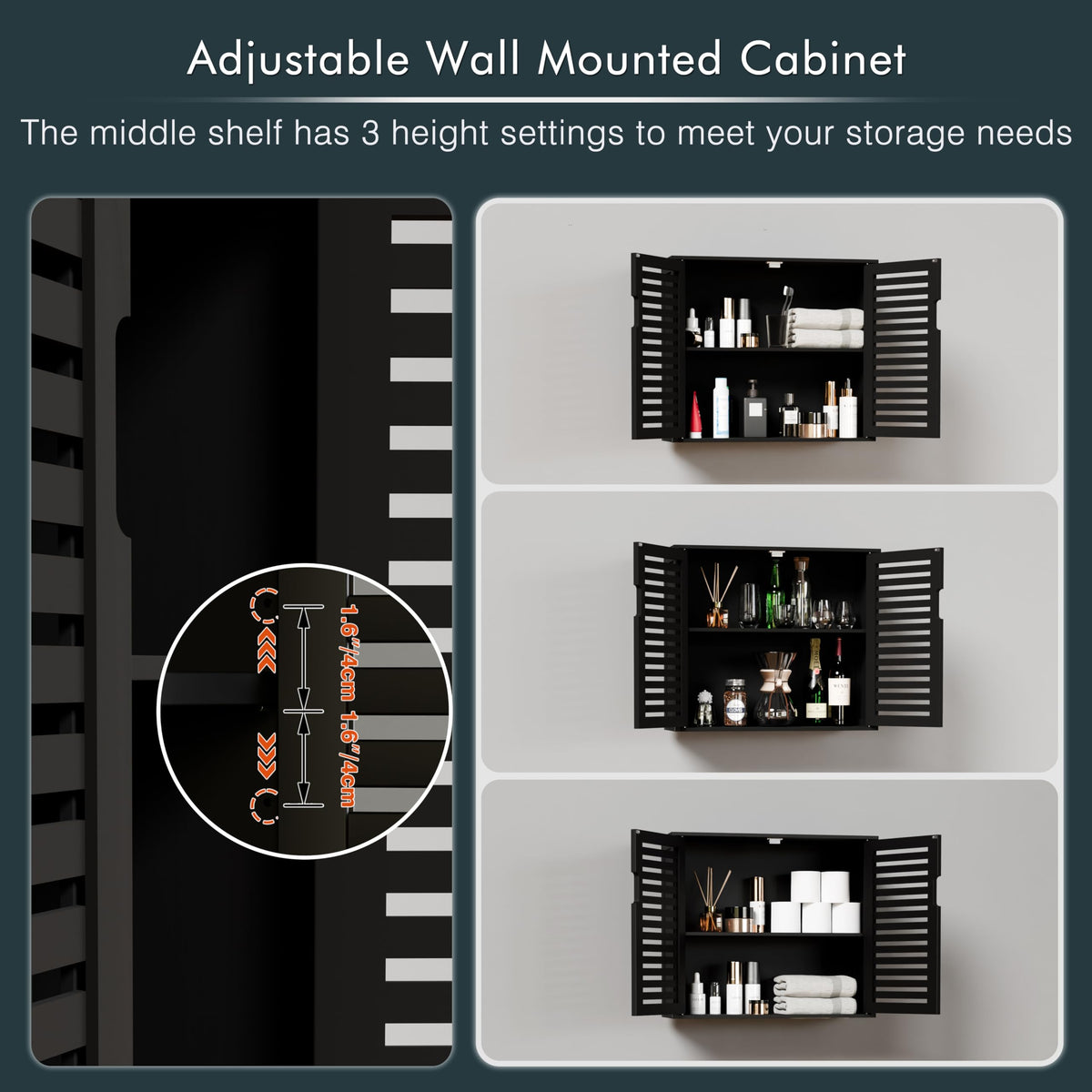 Black Bathroom Storage Cabinet with Adjustable Shelf J5864