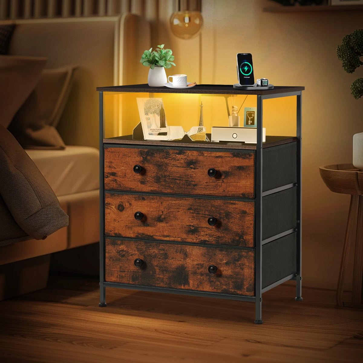 3-Drawer LED Nightstand with Charging Station I612158