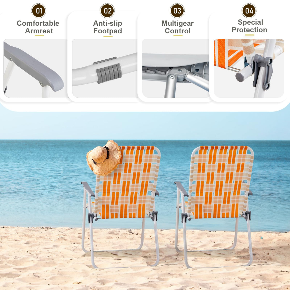 Folding Webbed Chair Set of 2 Steel Frame 300lbs Capacity V294