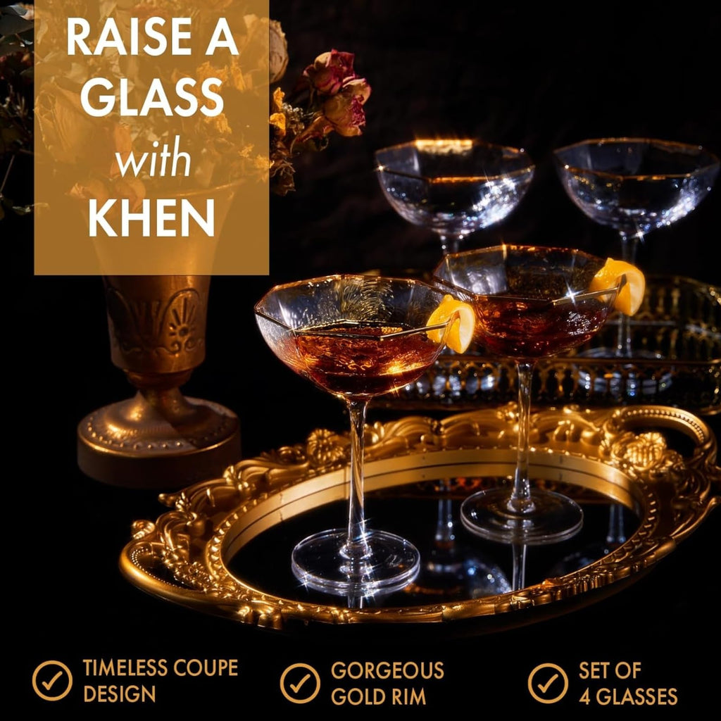 Champagne Coupe Glasses Set of 4 Gold Rim N2817