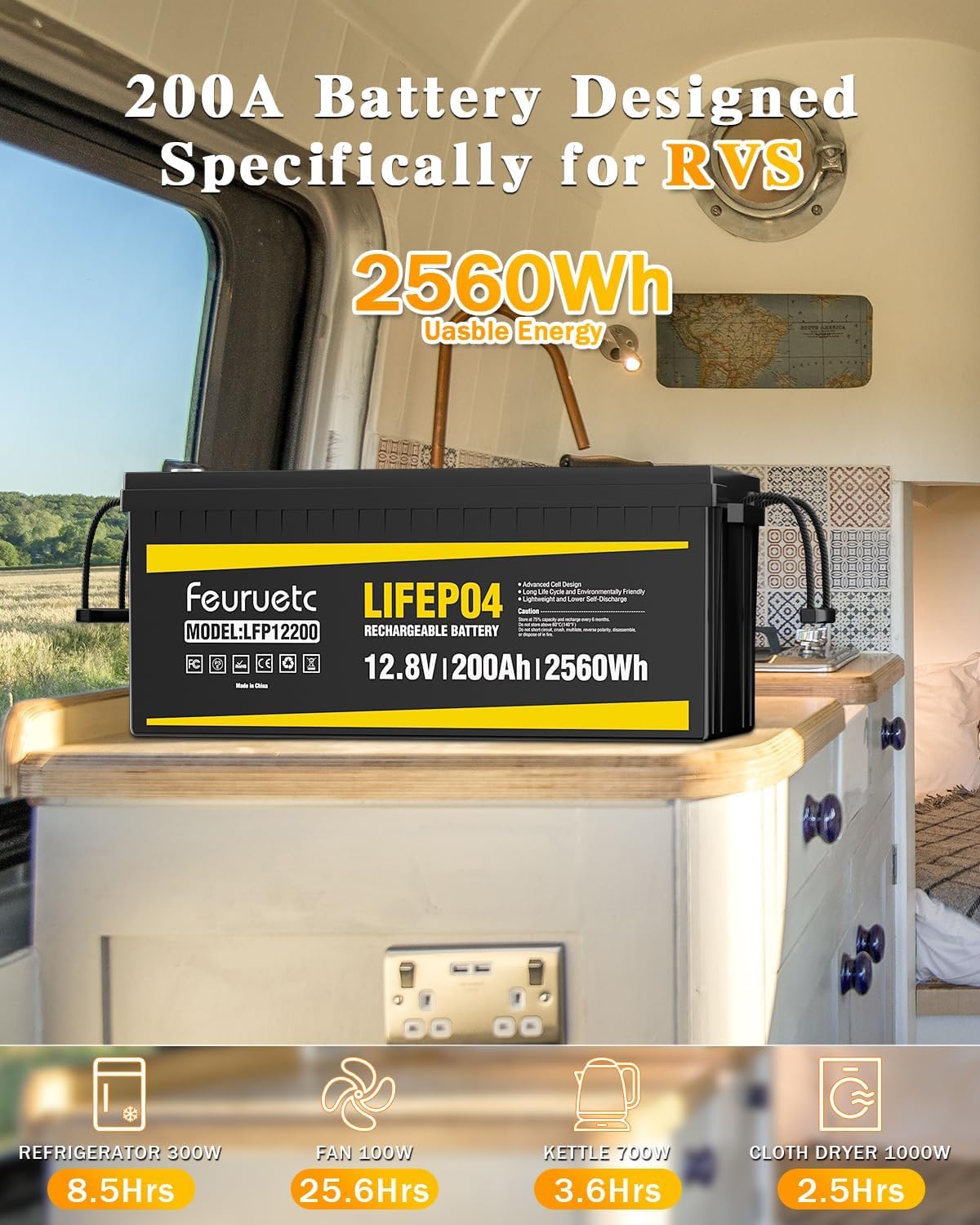 12V 200Ah LiFePO4 Deep Cycle Lithium Battery with 200A BMS Q8858
