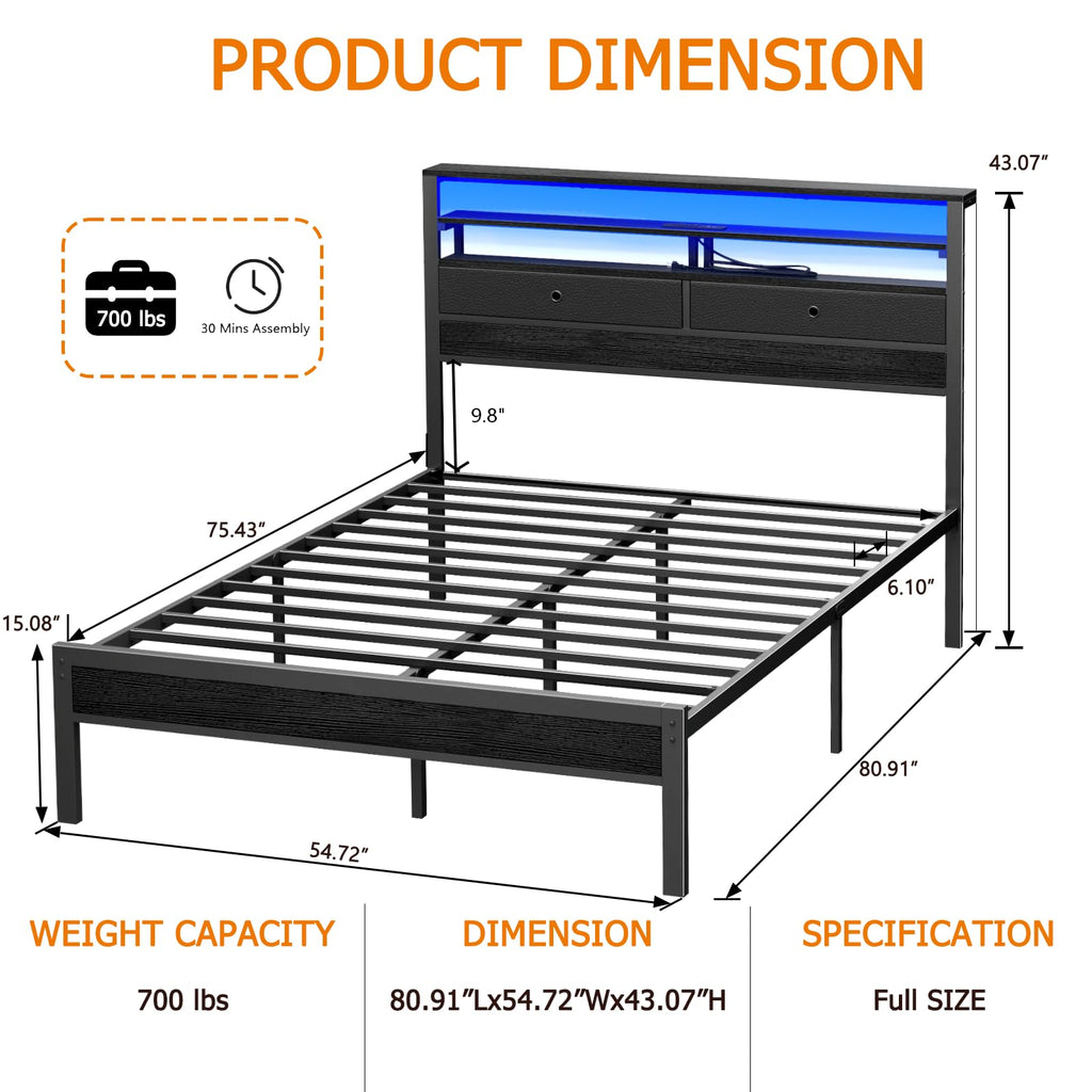 Full Size Bed Frame with Headboard & 2 Fabric Drawers H927994