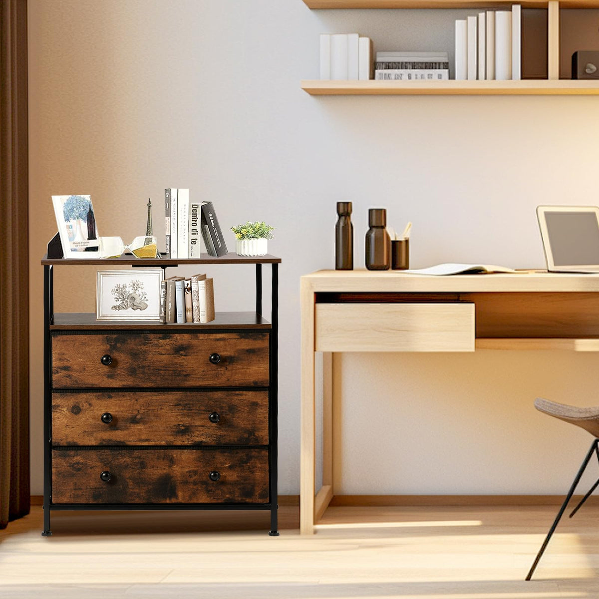 3-Drawer LED Nightstand with Charging Station I612158
