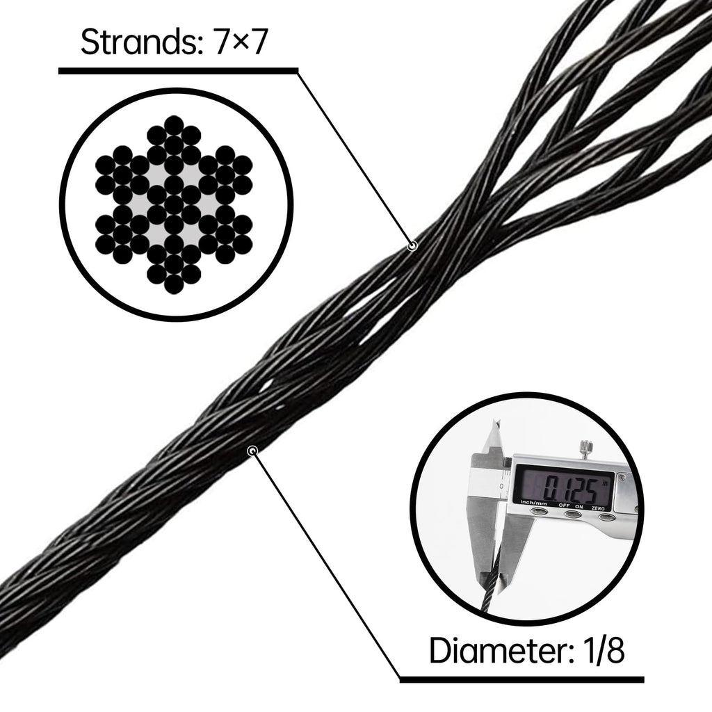 Black Stainless Steel Cable for Railing 220FT 1/8" T316 Wire Rope X175
