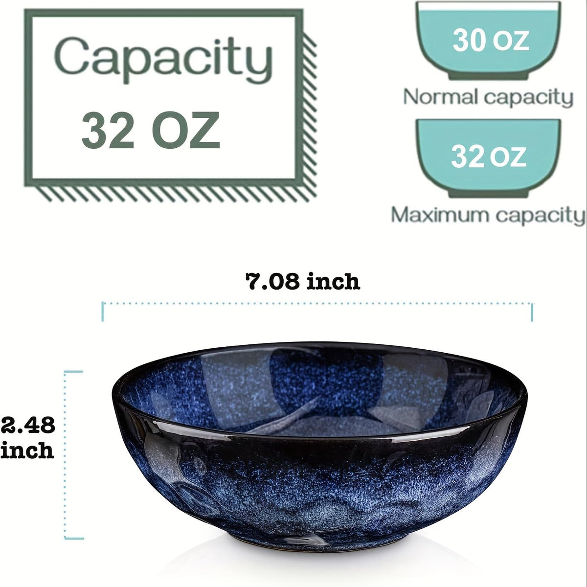 Ceramic Salad Bowls Set, 32 Ounce, Set of 4, Blue X749859