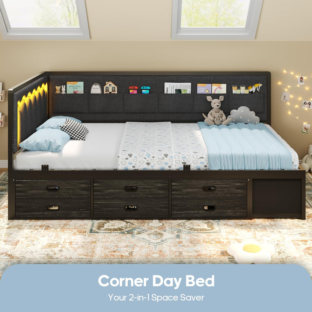 Twin Corner Bed Frame with 8 Storage Drawers and LED Lights, Grey I549