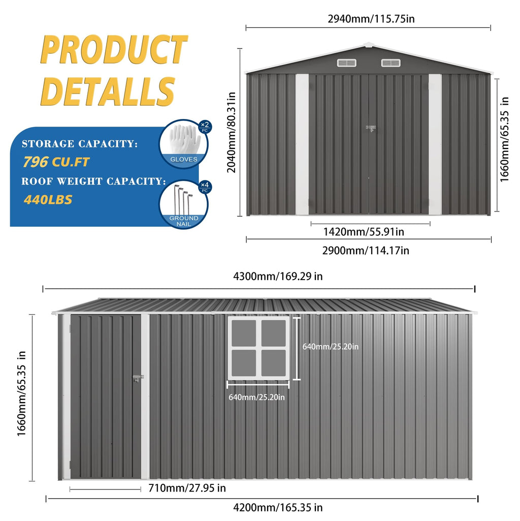 10x14x6.7FT Galvanized Steel Outdoor Storage Shed with Lockable Door & Window Q47797