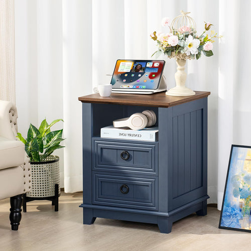 18" Blue Wooden Nightstand Set of 2 with Charging Station V6191