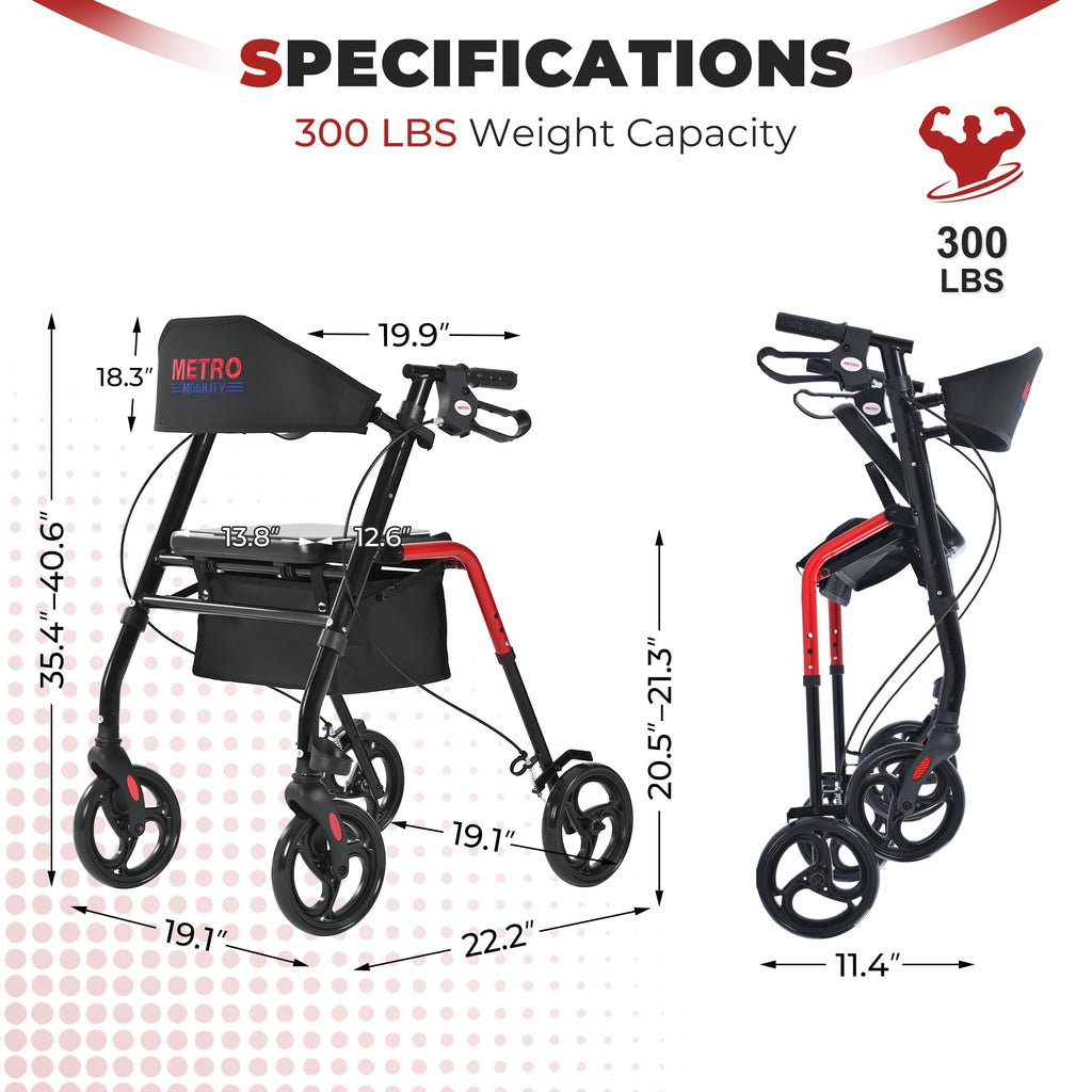 Foldable Lightweight Rolling Walker with Seat, 8" Wheels, 300 lb. Capacity, Red P78876