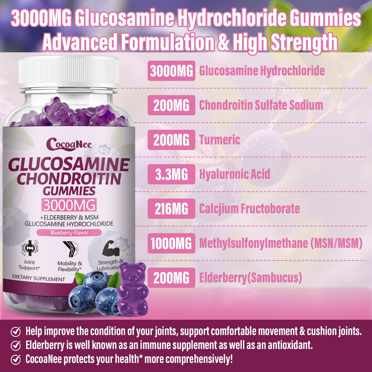 3000MG Glucosamine Chondroitin Gummies with MSM & Elderberry 180Cts P4689