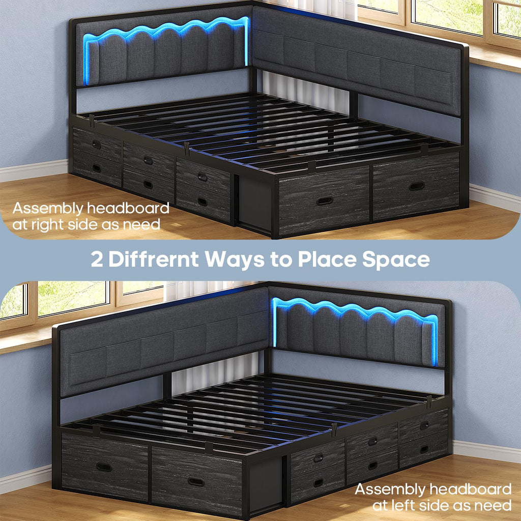 Twin Corner Bed Frame with 8 Storage Drawers and LED Lights, Grey I549