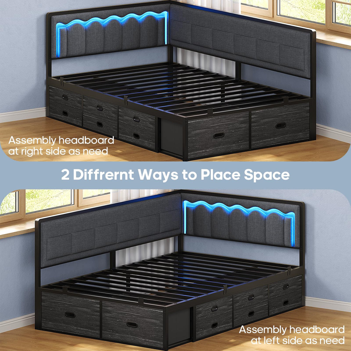 Twin Corner Bed Frame with 8 Storage Drawers and LED Lights, Grey I549