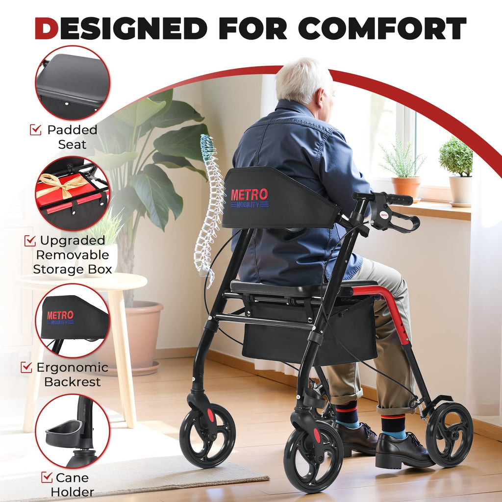 Foldable Lightweight Rolling Walker with Seat, 8" Wheels, 300 lb. Capacity, Red P78876